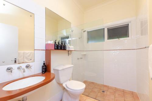 a bathroom with a toilet and a sink and a mirror at Tranquil Vale Vineyard in Luskintyre