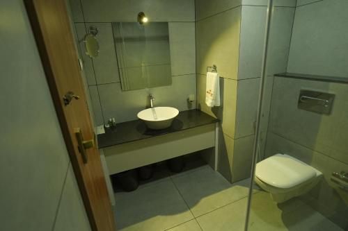 a bathroom with a sink and a toilet at Royal Casa Cochin in Cochin