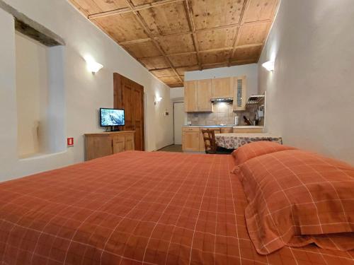a bedroom with a large bed and a kitchen at B&B Ploncher in Chiavenna
