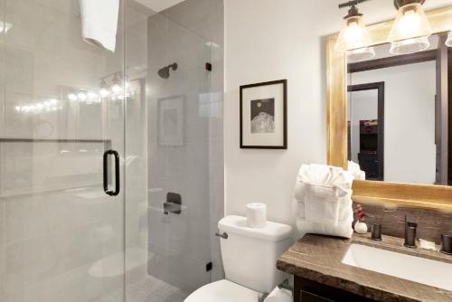 a bathroom with a shower and a toilet and a sink at 2614 - Cielos Nest in Big Bear Lake