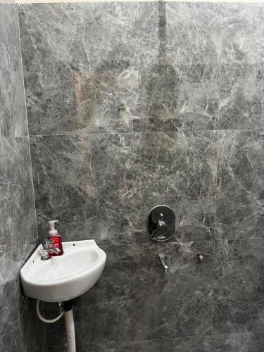 a bathroom with a sink and a tiled wall at Hotel RK Royale in Patna