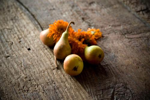 a group of fruits and vegetables on a wooden table at Oasi Galbusera Bianca in Rovagnate