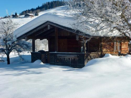 a log cabin with snow on the roof at Pension Grafengut in Radstadt