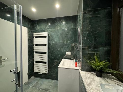 a bathroom with a white sink and a shower at Apartmenthaus Döbeln Zentrum 01 in Döbeln