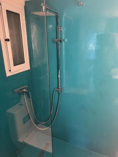 a shower with a glass door in a bathroom at Beachfront Apprtment on Athens Riviera in Saronida