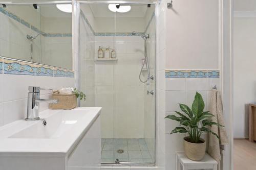 a bathroom with a sink and a shower with a plant at Hawks Nest Hideaway | Spa, BBQ, Bikes & Pool Table in Hawks Nest