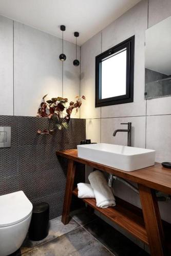 a bathroom with a white sink and a toilet at דירת סטודיו שקטה עם גקוזי בלב ראשלצ in Rishon LeẔiyyon