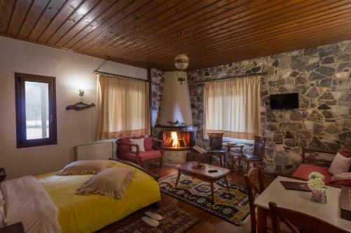 a bedroom with a bed and a living room with a fireplace at Studio Merses in Mikrón Khoríon