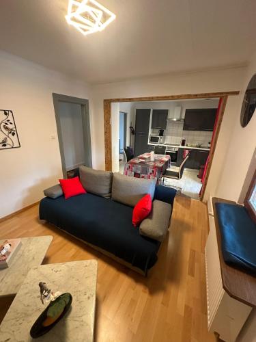 a living room with a couch and a table at Appartement proche aéroport in Blotzheim