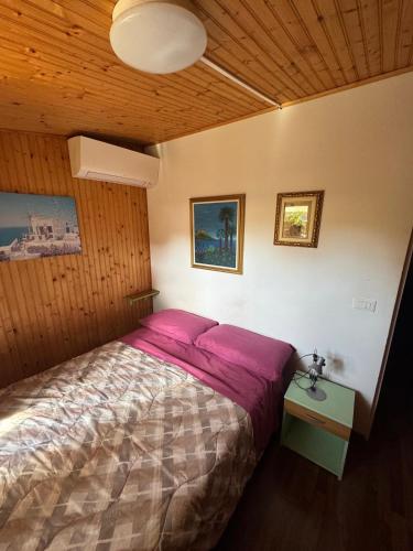 a bedroom with a large bed with a pink comforter at Camping Roma in Ventimiglia