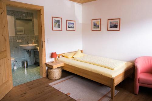 a bedroom with a bed and a sink and a chair at Bio-Landpension Monika in Leutasch