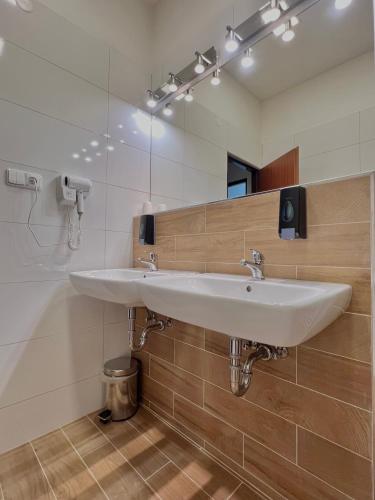 ein Badezimmer mit einem weißen Waschbecken und einem Spiegel in der Unterkunft Hotel Astra in Prag
