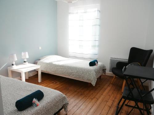 a bedroom with two beds and a window at LE REPOS DU VOYAGEUR T3 45 m2 tout confort in Lussac-les-Châteaux
