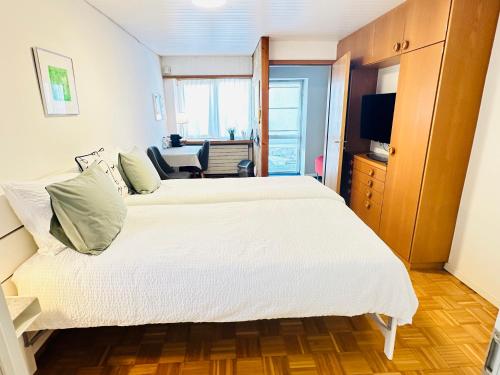 a bedroom with two beds and a television at Studio Breiti I eigener Eingang l self check in l nähe Basel in Pratteln