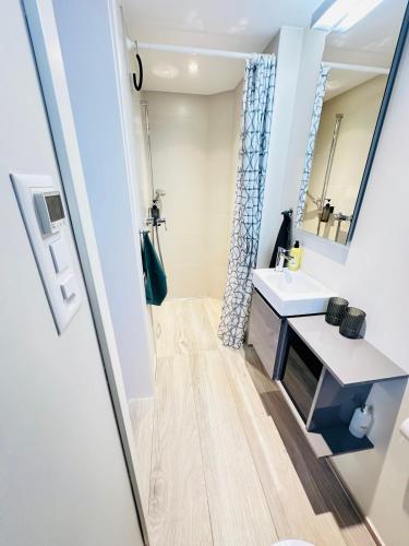a bathroom with a sink and a mirror at Studio Breiti I eigener Eingang l self check in l nähe Basel in Pratteln