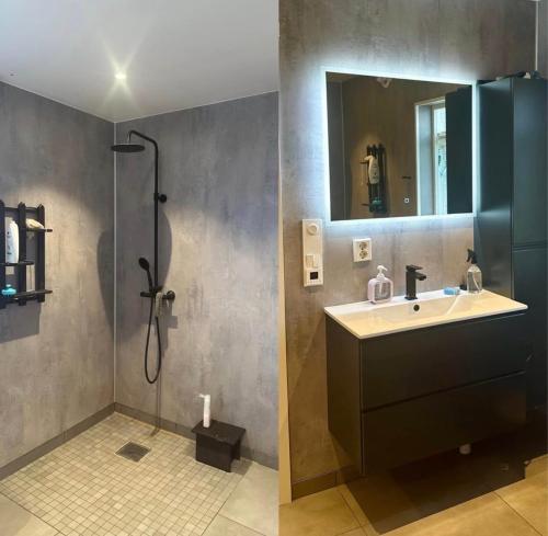 a bathroom with a sink and a shower at Spacious seaside apartment with balcony in Sorreisa