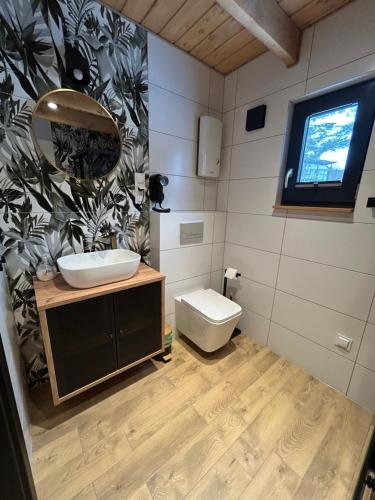 a bathroom with a sink and a toilet at Wrzosowisko Sominki in Sominy