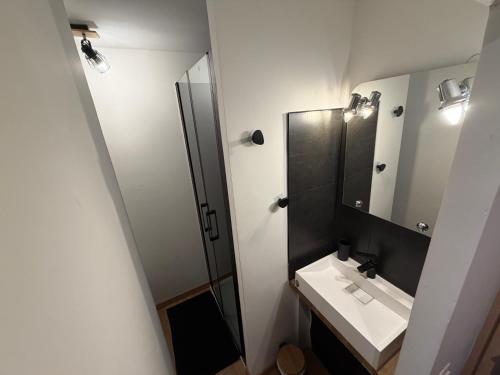 a bathroom with a sink and a mirror at Studio neuf in Barcelonnette