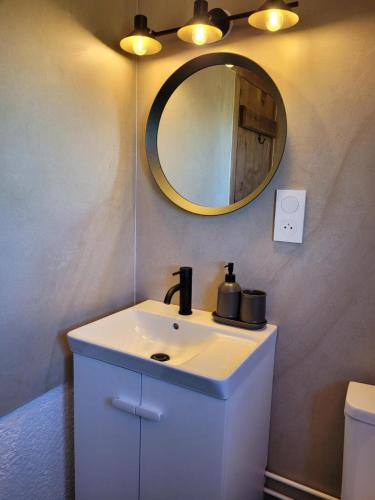a bathroom with a white sink and a mirror at Domaine Bel Air 855 - Gîte Belle in Saint-Denis-de-Villenette