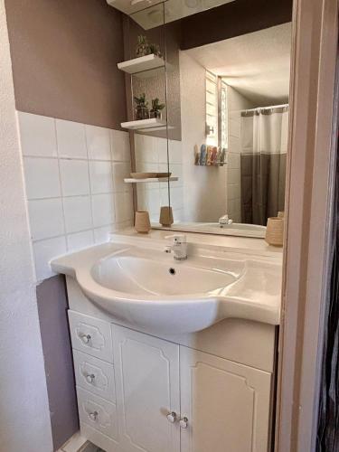 a bathroom with a white sink and a mirror at le Cottage in Le Moule