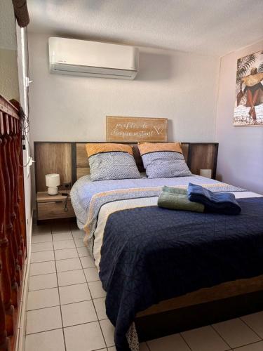 a bedroom with a bed with a blue comforter at le Cottage in Le Moule