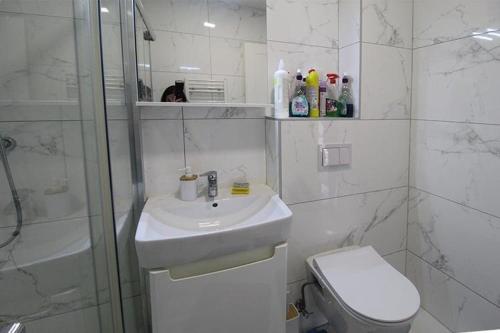 a bathroom with a toilet and a sink and a shower at Apartman Dijamant in Sarajevo