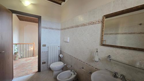 a bathroom with a toilet and a sink and a mirror at Agriturismo Il Fornello in Volterra