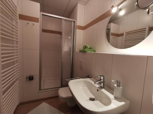 a bathroom with a sink and a toilet and a mirror at Ratskeller in Salzhemmendorf