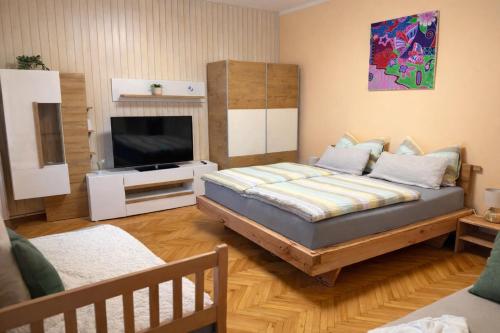 a living room with a bed and a television at EDI APP Bovec Center-Free Parking & Mountain View in Bovec