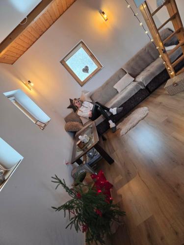 a woman sitting on a couch in a living room at Romantic cabin in the woods - Fesnga, Slovenia in Slovenj Gradec