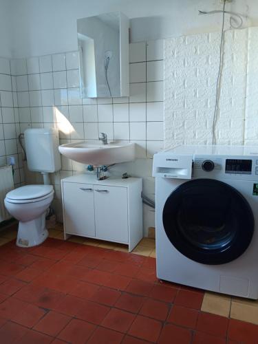 ein Badezimmer mit Waschmaschine und Waschbecken in der Unterkunft Charmant 90 E in Lichterfelde