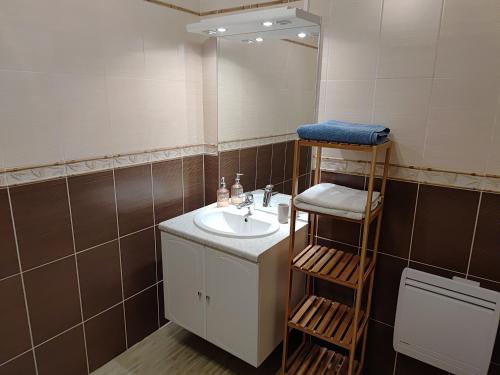 a bathroom with a sink and a mirror at Les Greniers in Myon