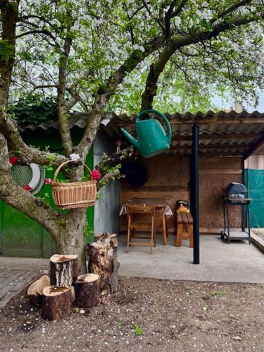 a tree with a hanging basket and a table at Demeter Vendégház in Tiszanána