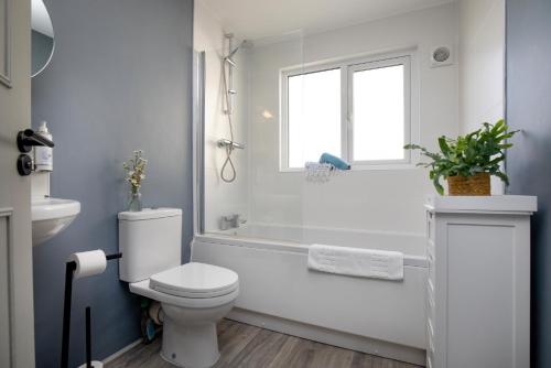 a bathroom with a toilet and a tub and a window at The View in Sidmouth