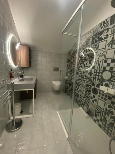 a bathroom with a shower and a sink and a toilet at HOMEY I Palazzo Venezian Apartments in Trieste