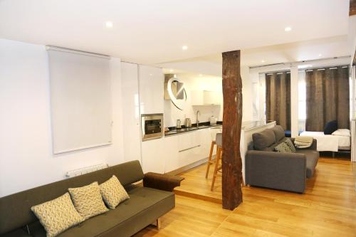 a living room with a couch and a kitchen at Baps Apartments in Bilbao