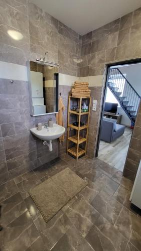 a bathroom with a sink and a mirror at Apartmán u kolejí A in Kašnice