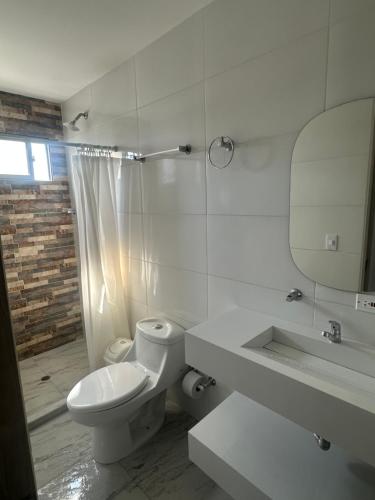 a bathroom with a toilet and a sink and a mirror at Bien ubicado 3 -habitaciones 3- Aires in Montería