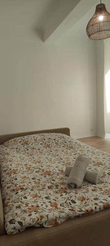 a bedroom with a bed with a blanket with flowers at Studio à 5 minutes des Musées in Grasse