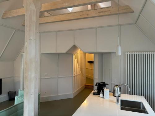 a kitchen with white cabinets and a sink at Schloss Prossen in Bad Schandau