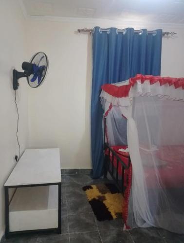 a bedroom with a bed and a blue curtain at Ibus Nawi Homes 2 in Lodwar