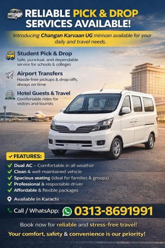 an advertisement for a white van parked in a parking lot at Guest Pick-Up & Drop-Off Service in Karachi