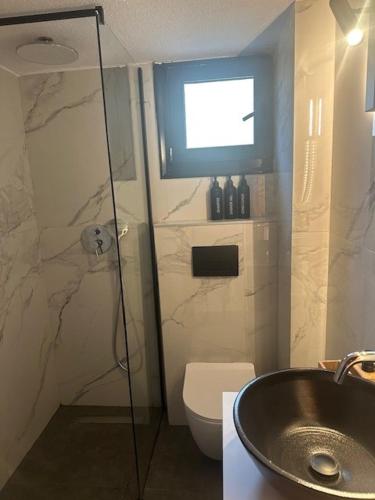 a bathroom with a shower and a toilet and a sink at Peaceful modern holiday vila in Skala Fourkas