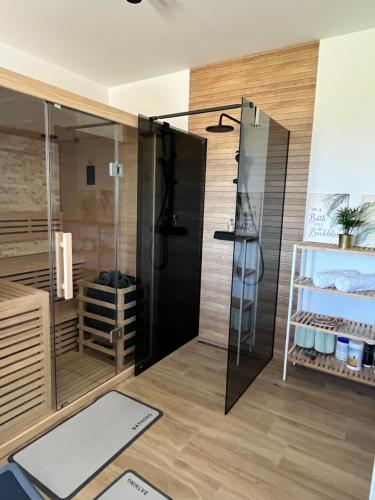 a shower with a glass door in a room at Blackberry Guesthouse in Jastrebarsko