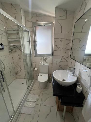 a bathroom with a toilet and a shower and a sink at The Marions Suite - Central Comfortable Stay in Taksim in Istanbul