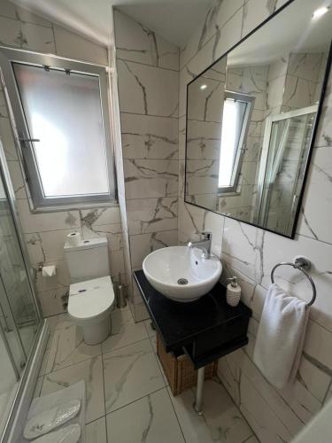 a bathroom with a sink and a toilet and a mirror at The Marions Suite - Central Comfortable Stay in Taksim in Istanbul