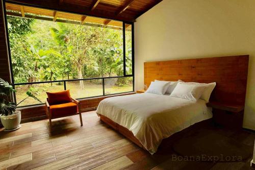 a bedroom with a bed and a large window at Boana Explora Pachijal in Pedro Vicente Maldonado