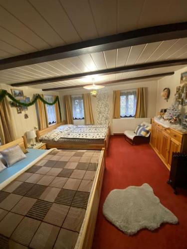 a bedroom with two beds and a red carpet at Roubenka Na vršku in Staré Křečany