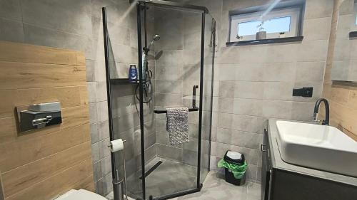 a bathroom with a shower and a toilet and a sink at Domki Mała Tresna in Bierna