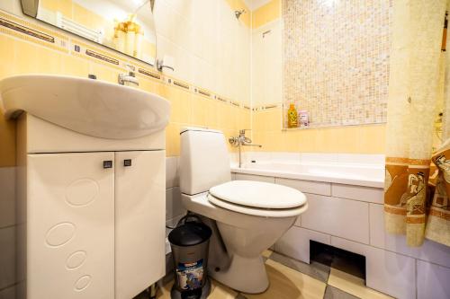 a bathroom with a toilet and a sink and a tub at Queens Apartments 1 in Lviv